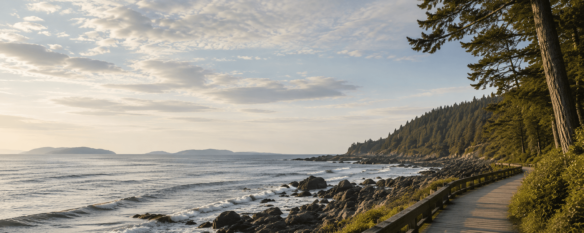 A calm British Columbia coastline with ocean, forest, and a waterfront path.