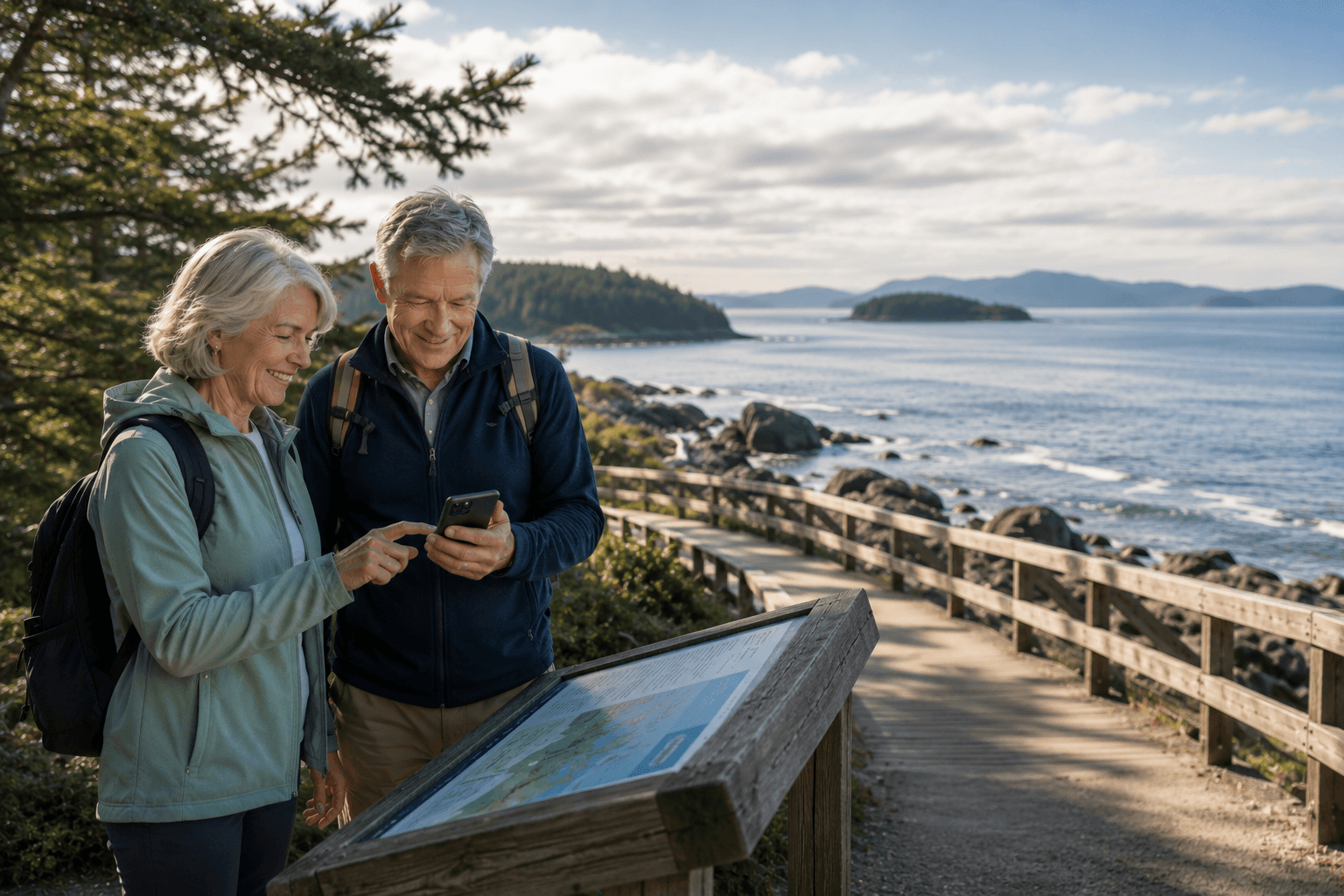 Two older adults checking a phone on a coastal walking path.
